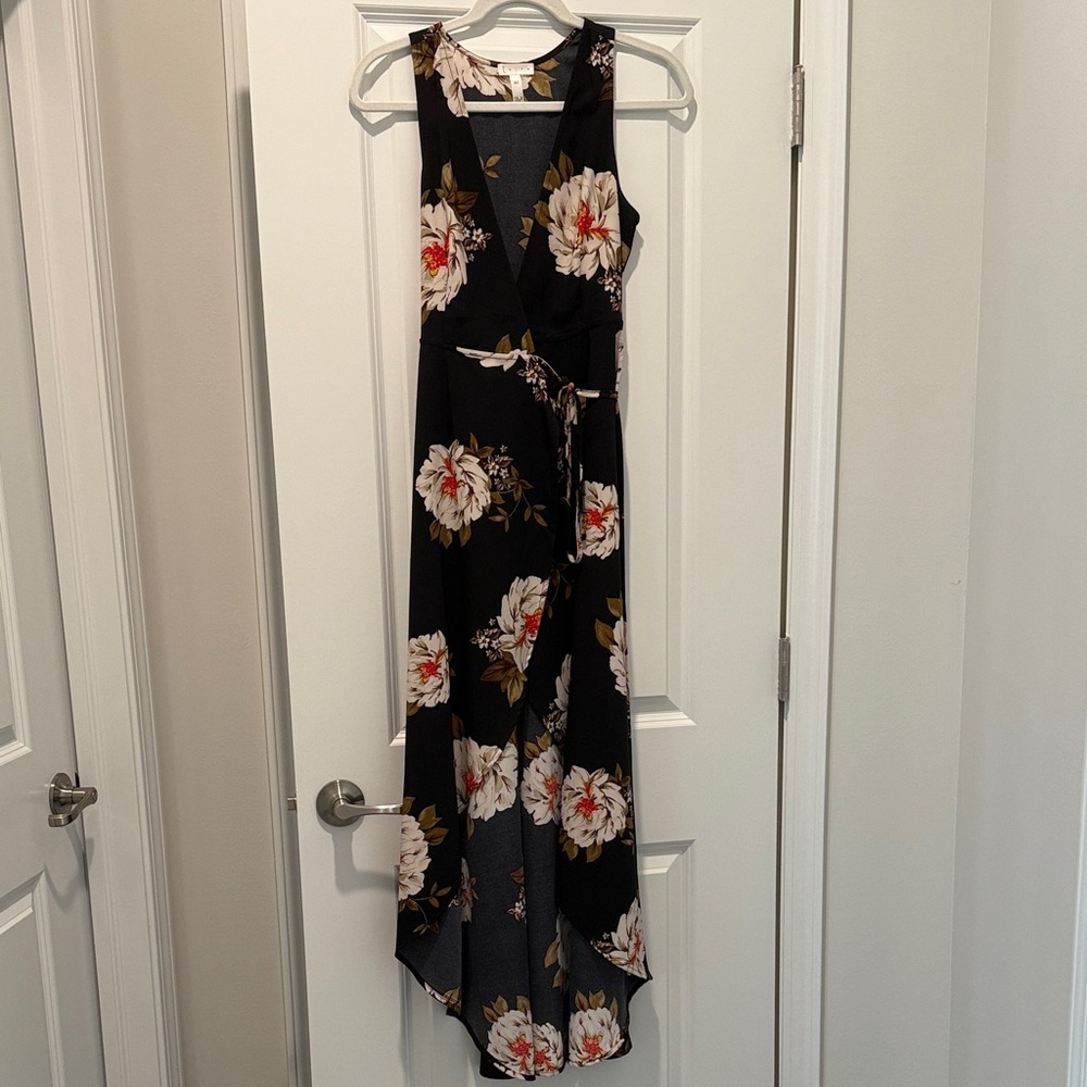 Leith Black Floral High Low Wrap Dress